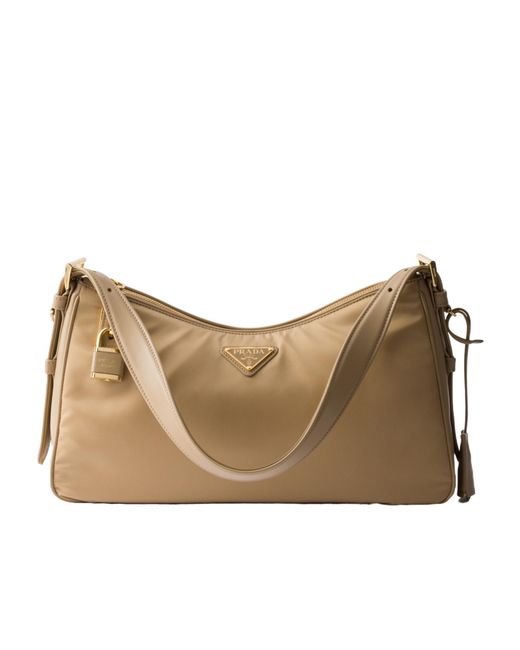 Prada Natural Aimee Large Re-Nylon And Leather Shoulder Bag With Padlock