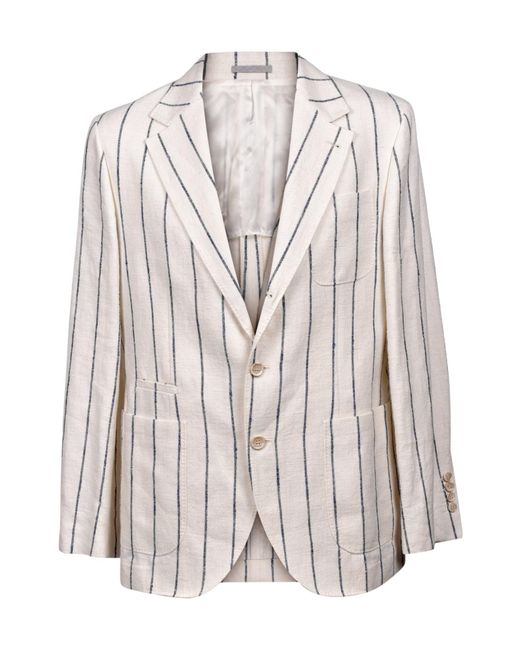 Brunello Cucinelli White Pinstripe-Print Linen Suit for men