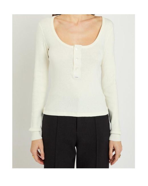 Chloé White Logo-Appliquéd Cotton Henley Top