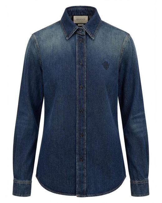 Gucci Blue Embroidery Long-Sleeve Denim Shirt
