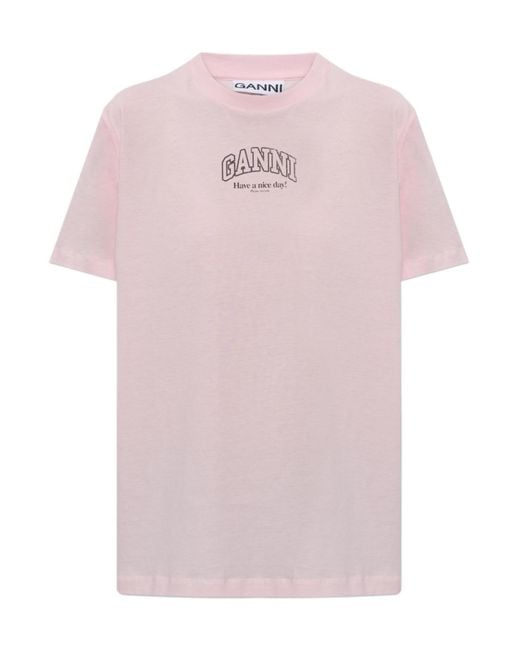 Ganni Pink Logo Printed Crewneck T-Shirt