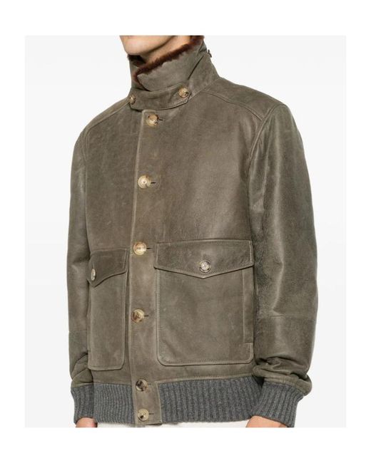 Brunello Cucinelli Brown Shearling-Trim Button-Up Jacket for men