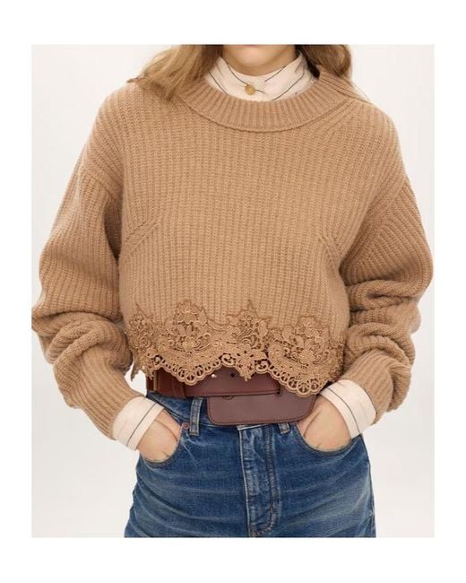 Chloé Natural Chloé Cropped Lace-Hem Knitted Sweater