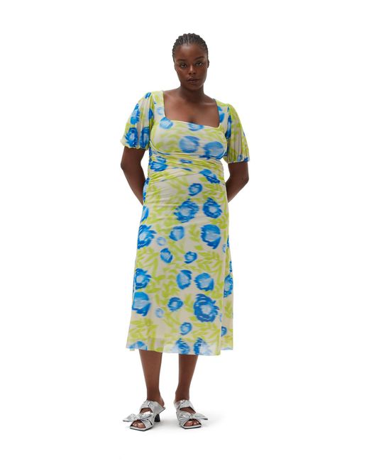 Ganni White Printed Mesh Puff Sleeved Midi Dress