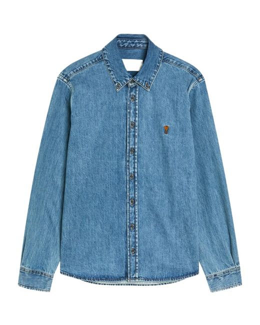 AMI Blue Logo-Embroidered Denim Shirt for men