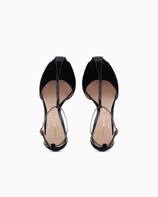 Emporio Armani Black 95Mm Velvet T-Bar Sandals