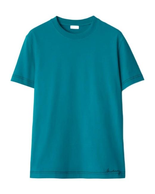 Burberry Blue Contrast-Stitching Cotton T-Shirt for men