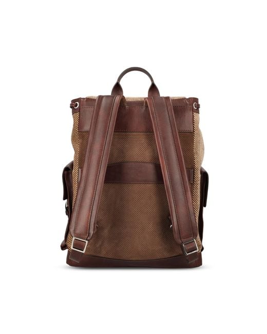 Brunello Cucinelli Brown Burnished Calfskin And Chevron-Effect Techno Fabric City Backpack for men