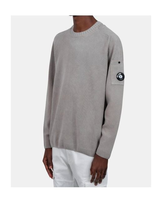 C P Company Gray Logo Crew Neck Knit Sweater for men