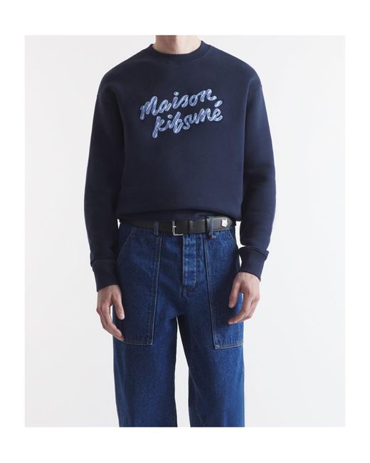 Maison Kitsuné Blue Maison Kitsuné Handwriting Striped Crewneck Sweatshirt for men
