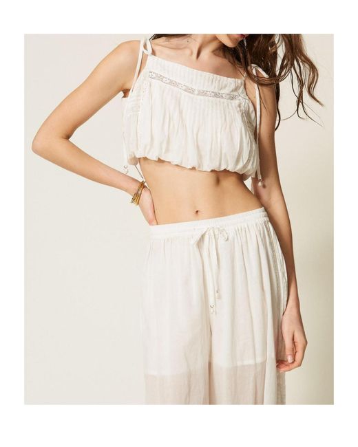 Twinset White Lace Tie-Shoulder Cropped Top