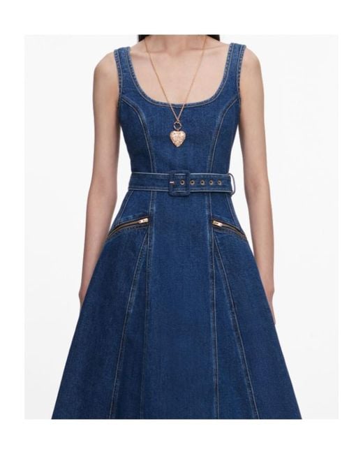 Self-Portrait Blue Belt-Detail Flared Midi Denim Dress