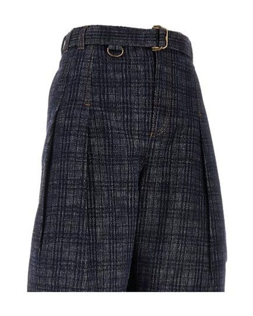 Burberry Blue Wide-Leg Checked Belted Trousers