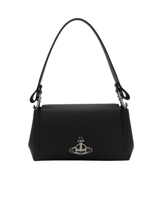 Vivienne Westwood Black Logo Plaque Foldover Top Shoulder Bag