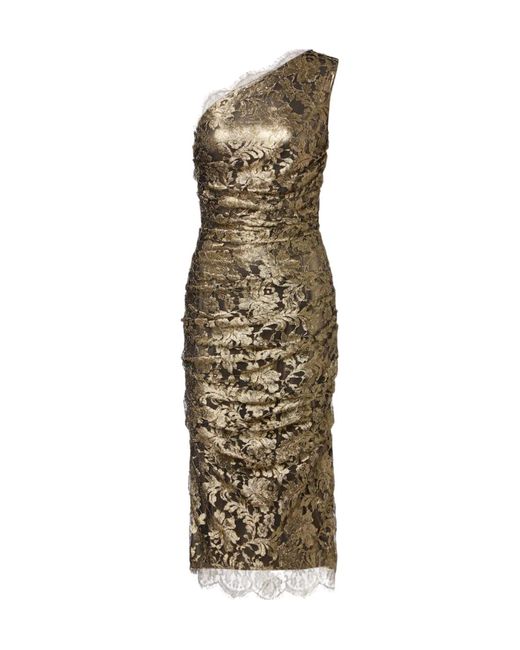 Dolce & Gabbana Metallic Floral One-Shoulder Lace Midi Dress