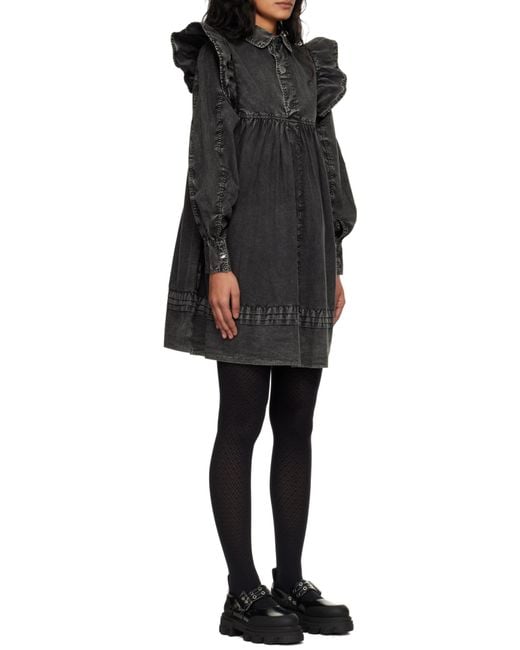 Ganni Black Ruffled Washed Mini Shirt Dress