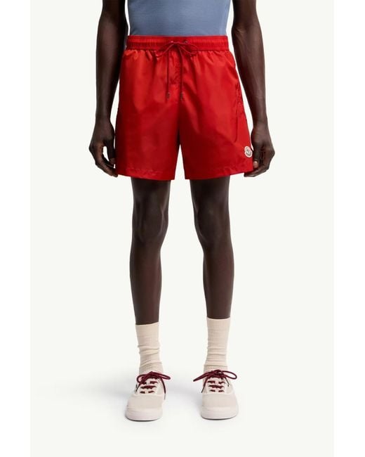 Moncler Red Logo Patch Drawstring Swim Shorts for men