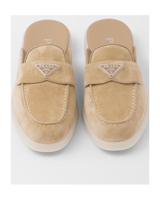 Prada White Triangle-Logo Round-Toe Slippers