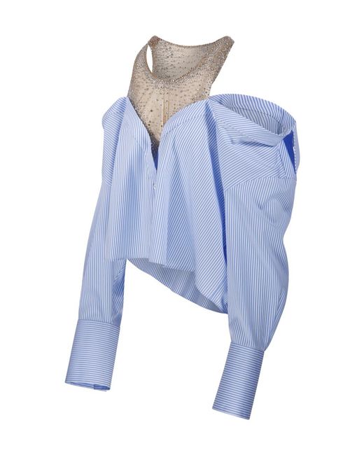 GIUSEPPE DI MORABITO Blue Striped Crystal-Embellished Blouse