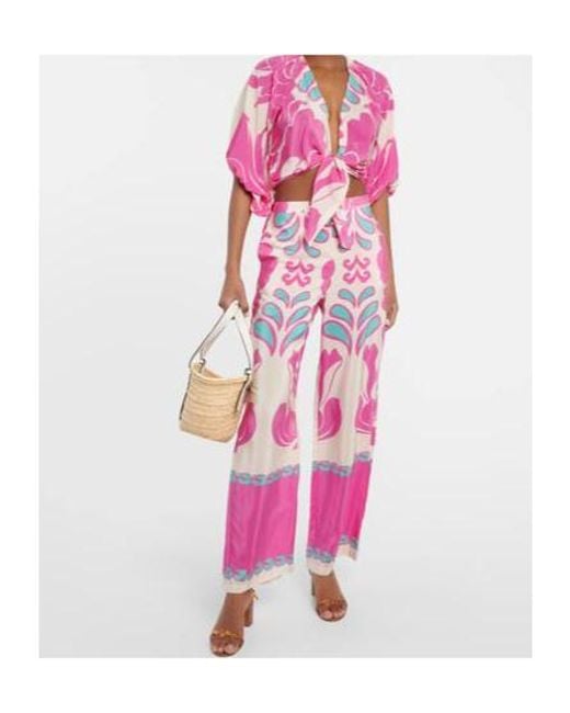 Adriana Degreas Pink Printed Puff-Sleeve Silk Blouse