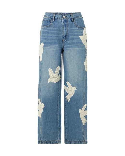 Sea Blue Payton Crochet-Trimmed High-Rise Wide-Leg Jeans