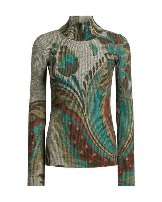 Etro Green Ribbed Wool Turtleneck Sweater With Daffodil Print