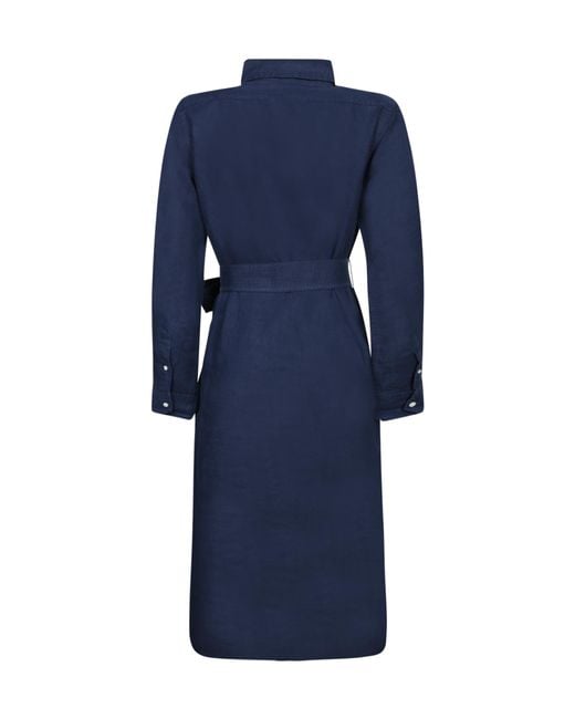 Polo Ralph Lauren Blue Pony Embroidered Tied-Waist Midi Shirt Dress