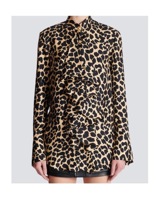Balmain White Leopard Print Ruffled Shirt