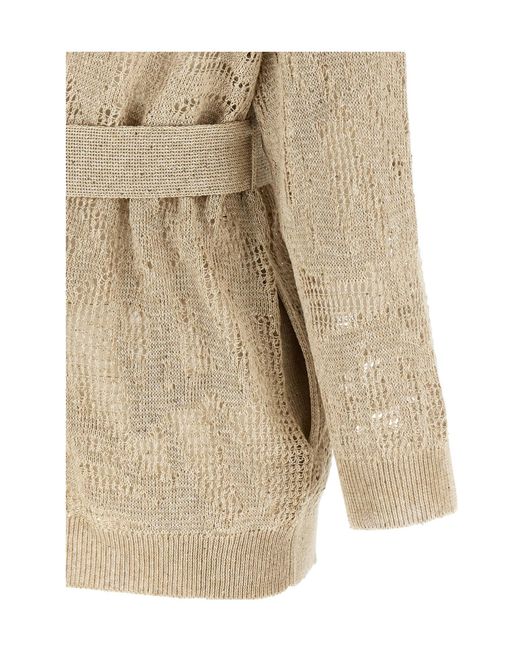 Brunello Cucinelli Natural Crochet Belted Cardigan