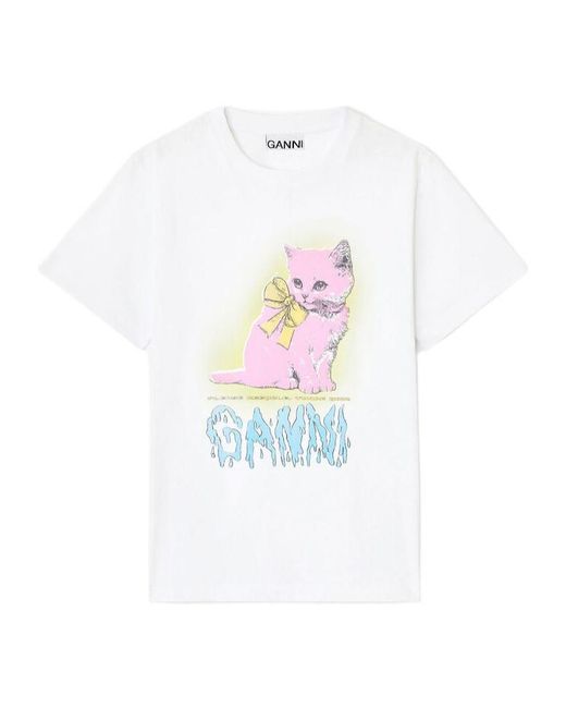 Ganni White Kitty Printed Crewneck T-Shirt