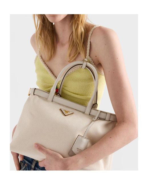 Prada Natural Logo-Plaque Medium Top Handle Bag