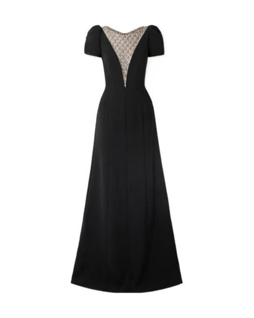 Jenny Packham Black Embellished Tulle-Paneled Crepe Gown