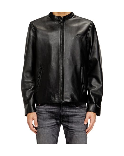 DIESEL Black Logo-Embossed Leather Jacket for men