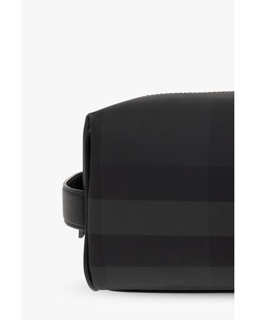 Burberry Black Logo Detailed Checked Wash Bag for men