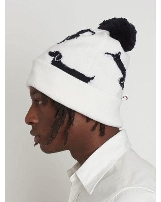 Thom Browne White Pompom Detail Dog Beanie for men