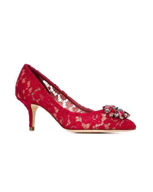 Dolce & Gabbana Red Embellished Lace Pumps