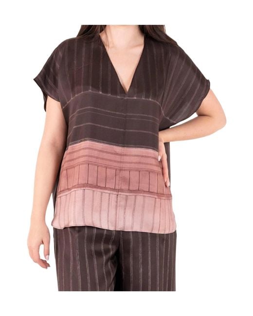 Alysi Red Vertical-Stripe Silk Blouse