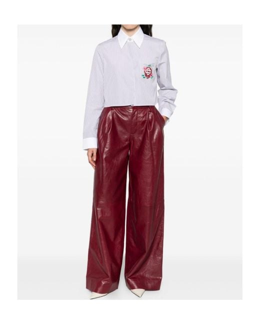 Casablanca White Cropped Long-Sleeved Striped Shirt With Floral Embroidery