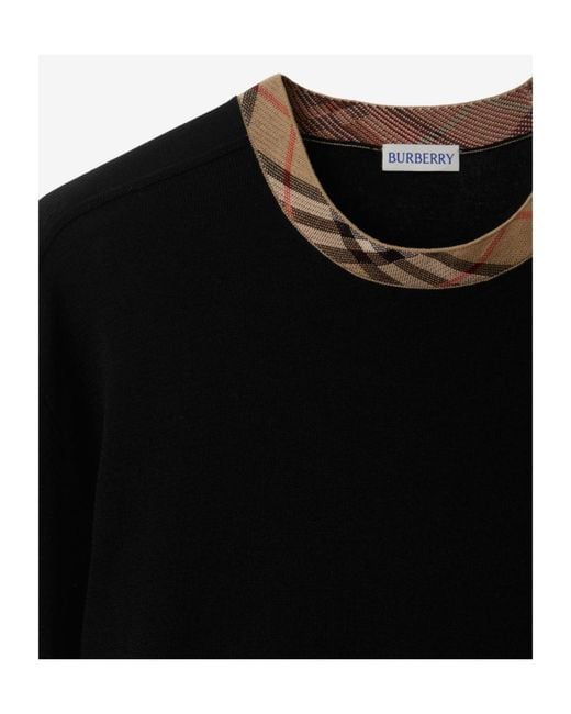 Burberry Black Checked Trim Crewneck Jumper for men