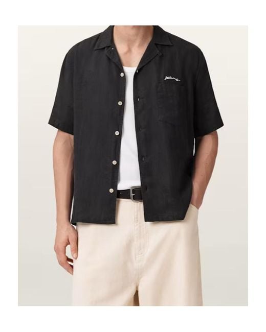 AllSaints Black Wilder Logo-Embroidery Short-Sleeve Shirt for men