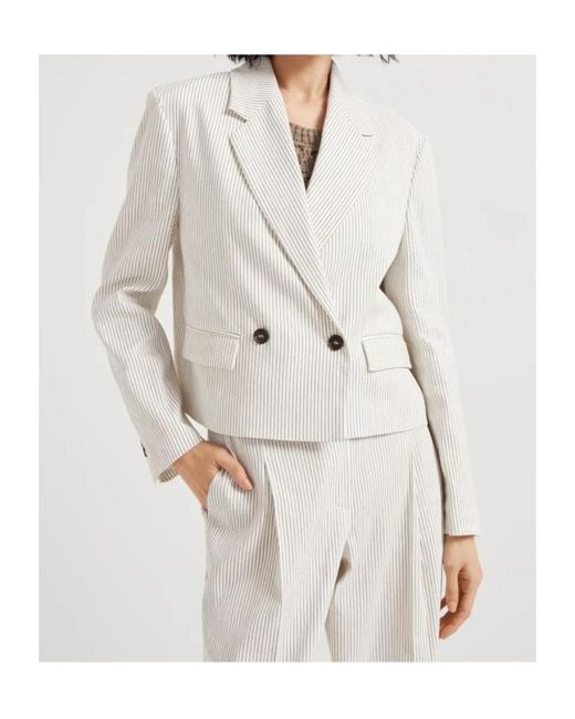 Brunello Cucinelli White Pinstriped Double-Breasted Blazer