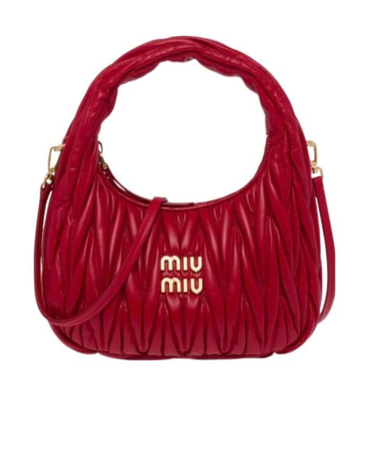 Miu Miu Red Wander Matelassé Logo Plaque Mini Hobo Bag
