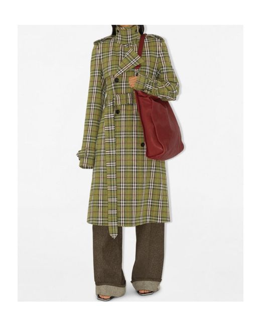 Burberry Green Double Breasted Belted Checked Coat