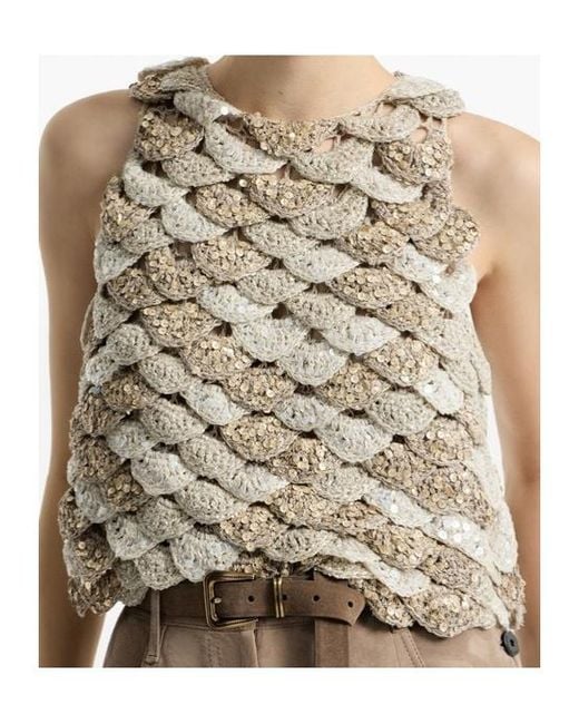Brunello Cucinelli Natural Handmade Dazzling Shell Opera Knit Top
