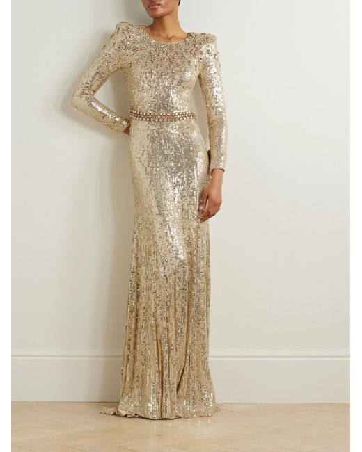 Jenny Packham Natural Embellished Sequin Tulle Evening Gown