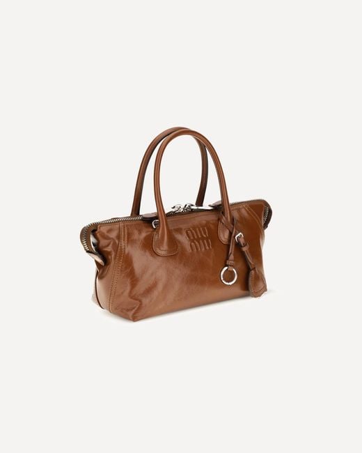 Miu Miu Brown Logo-Embossed Leather Tote Bag