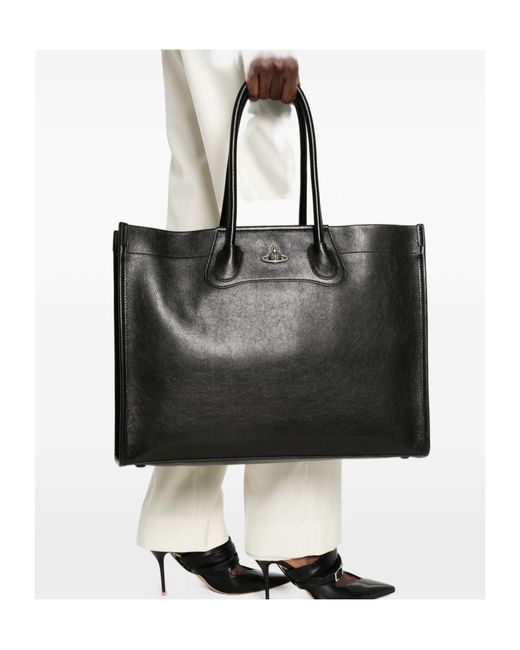 Vivienne Westwood Black Orb-Plaque Leather Tote Bag