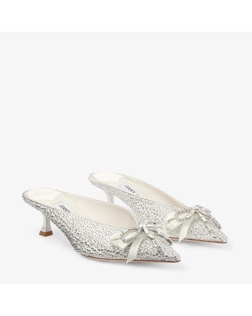 Jimmy Choo White Ivory Satin And Princess Crystal Hotfix Mules With Bow Embellishment