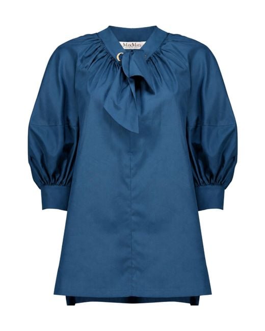 Max Mara Blue Gathered Poplin Shirt Dress