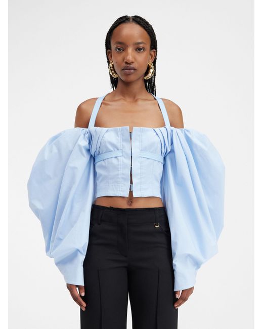 Jacquemus Blue Off-Shoulder Poplin Blouse